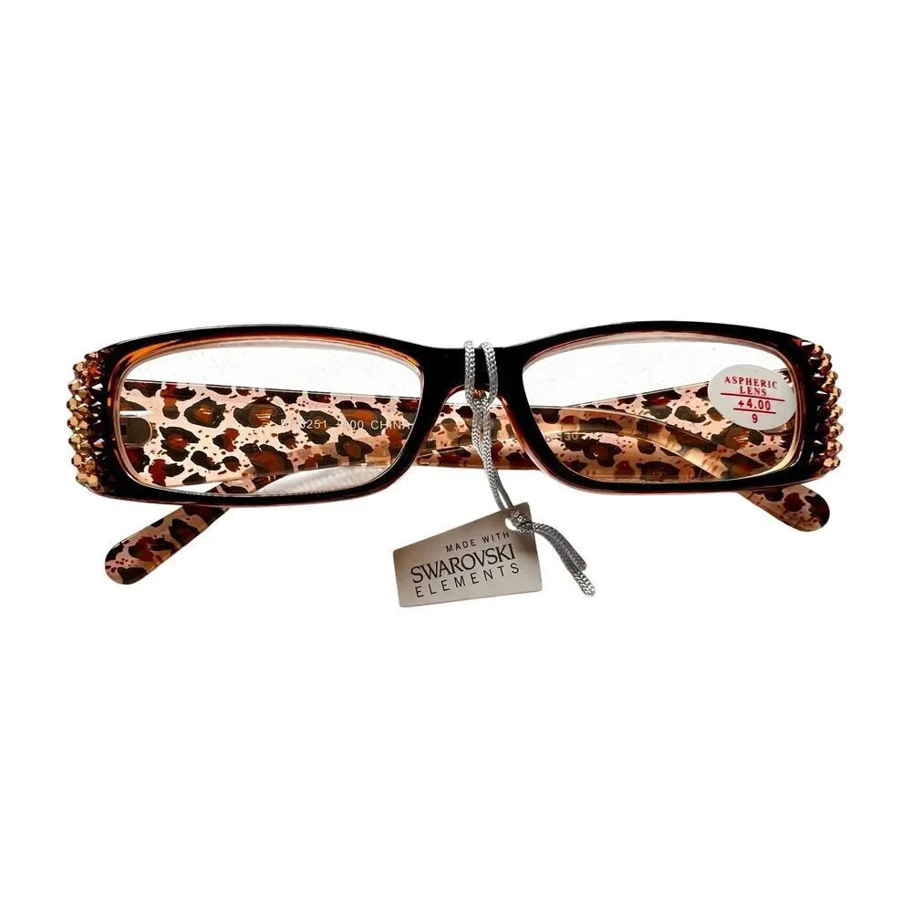 Swarovski Crystal Reading Glasses With Leopard Print New With Tags & Case +4.00